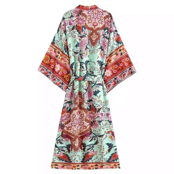 Colorful Red Mint Peacock Floral Bohemian Boho Duster Wrap Kimono Coverup Robe - Picture 8 of 11